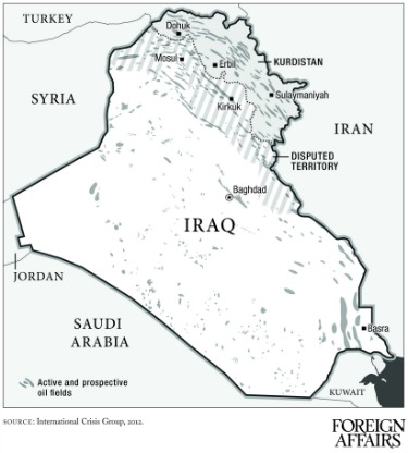 Map of Iraq showing Iraqi Kurdistan and oil fields. (International Crisis Group via. www.foreignaffairs.com)